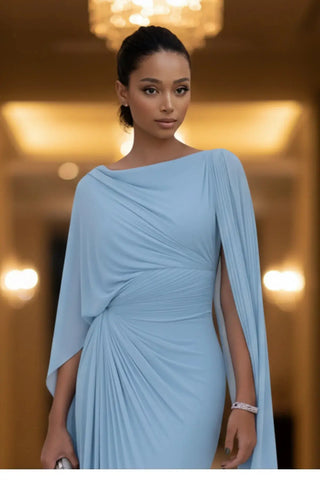 Sophisticated Boat-Neck Pleated Slim-Fit Maxi Dress SandSet