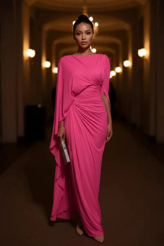 Sophisticated Boat-Neck Pleated Slim-Fit Maxi Dress SandSet