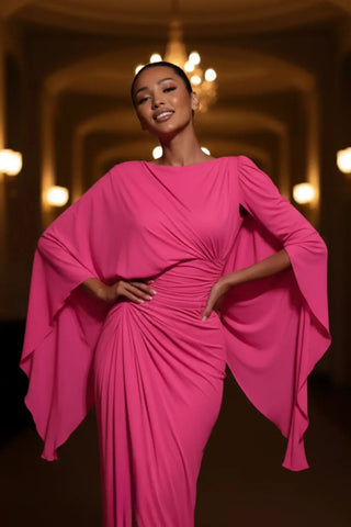 Sophisticated Boat-Neck Pleated Slim-Fit Maxi Dress SandSet