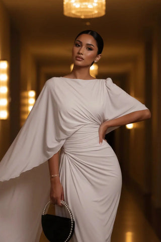 Sophisticated Boat-Neck Pleated Slim-Fit Maxi Dress SandSet