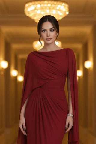 Sophisticated Boat-Neck Pleated Slim-Fit Maxi Dress SandSet