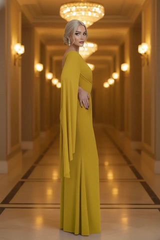 Sophisticated Boat-Neck Pleated Slim-Fit Maxi Dress SandSet