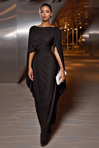 Sophisticated Boat-Neck Pleated Slim-Fit Maxi Dress SandSet