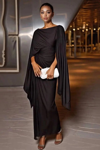 Sophisticated Boat-Neck Pleated Slim-Fit Maxi Dress SandSet