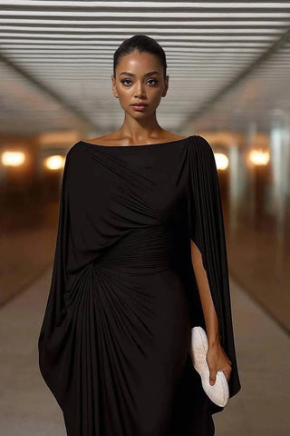 Sophisticated Boat-Neck Pleated Slim-Fit Maxi Dress SandSet