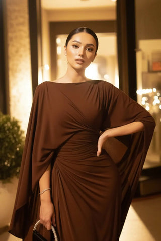 Sophisticated Boat-Neck Pleated Slim-Fit Maxi Dress SandSet