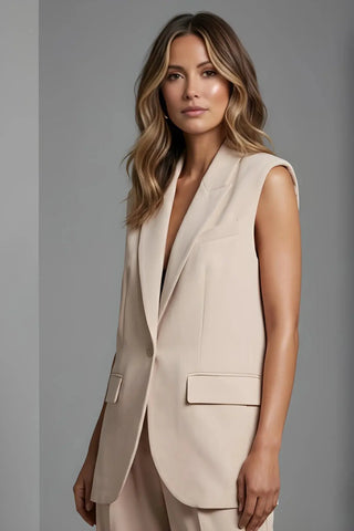 Women’s Stylish Sleeveless Blazer & High-Waisted Pants Set SandSet