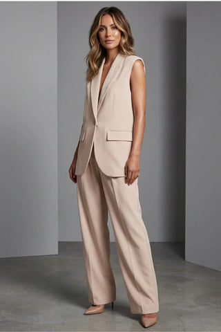 Women’s Stylish Sleeveless Blazer & High-Waisted Pants Set SandSet