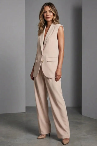 Women’s Stylish Sleeveless Blazer & High-Waisted Pants Set SandSet